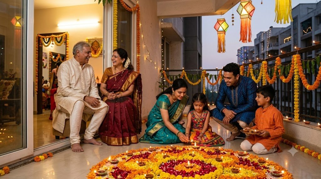 Indian family celebrating Sunday Diwali in traditional festive attire lighting diyas