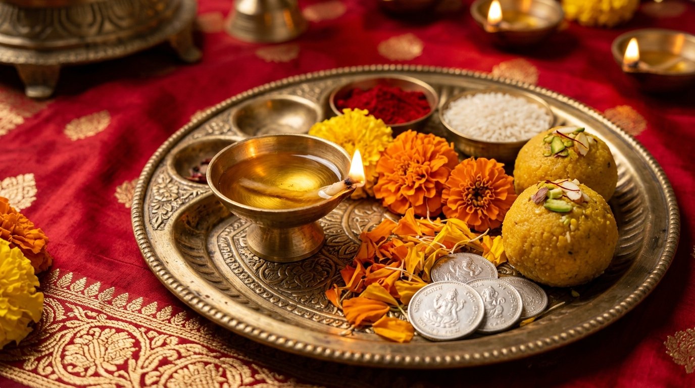 Auspicious brass Lakshmi Puja thali with diya, flowers, sweets, and coins